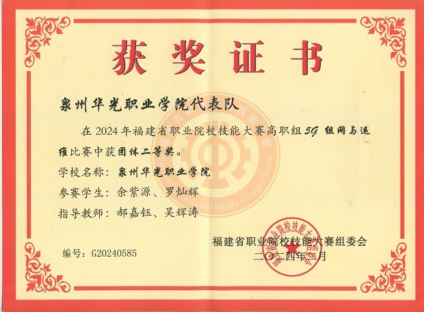 2024年福建省技能大赛“5G组网与运维”赛项荣获团体二等奖